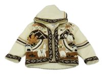 Smetanovo-hnědý vzorovaný propínací svetr s obrázky a kapucí 