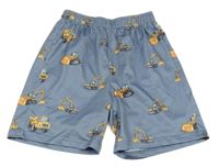 Šedomodré kraťasy s bagry 