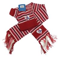 Nové - 3 set - červeno-růžová pruhovaná pletená čepice s Minnie + šála s třásněmi + prstové rukavice 