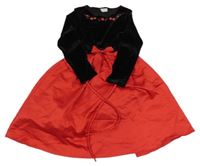 Černo-červené sametové šaty s květy a mašlí