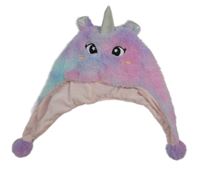 Růžovo-modrá kožešinová čepice s rohem - jednorožec 