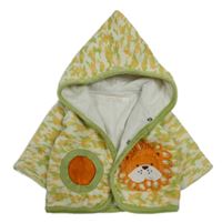 Bílo-zeleno-oranžová vzorovaná sametová propínací mikina s lvíčkem a kapucí 