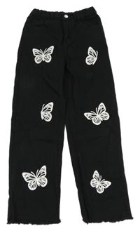 Černé široké rifle s motýlky Shein