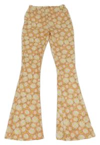 Oranžovo-bílo-barevné květované žebrované flare legíny 