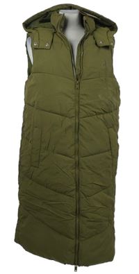 Dámská khaki šusťáková zateplená maxi vesta s kapucí Pieces 