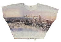 Bílo-růžovo-fialové crop tričko s městem H&M