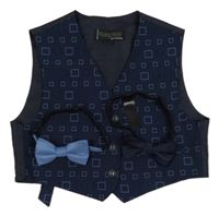 3set - Tmavomodrá kostkovaná společenská vesta + připínací světlemodrý + tmavomodrý motýlek 