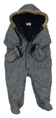 Tmavomodrá melírovaná plátěná zimní kombinéza s kapucí+ rukaviceNext