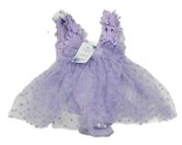 Nové - Fialové žebrované body s tylovou sukní se srdíčky 