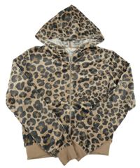 Hnědo-černá sametová propínací mikina s leopardím vzorem a kapucí H&M