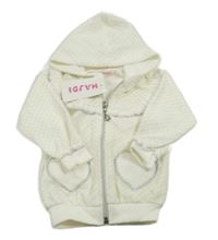 Nové - Bílá puntíkatá třpytivá sametová propínancí mikina s volánkem a kapucí