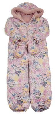Růžovo-modro-žlutá květovaná vzorovaná šusťáková zimní kombinéza se zvířátky a kapucí + rukavice Dunnes Stores