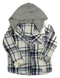 Bílo-tmavomodrá kostkovaná košilová bunda s kapucí Matalan