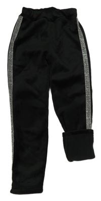 Černé plyšové zateplené legíny se stříbrným pruhem 