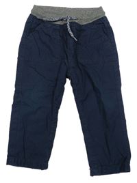 Tmavomodré plátěné podšité kalhoty s úpletovým pasem 