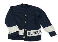 Tmavomodro-bílý pruhovaný propínací svetr s nápisem My Chicco