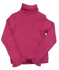 Tmavorůžový žebrovaný svetrový crop rolák s volánky Matalan