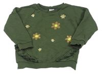 Khaki melírovaná oversize mikina s květy a flitry a volánky C&A