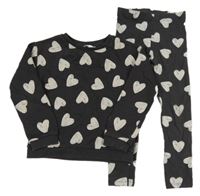 2Set - Tmavošedá mikina s bílými srdíčky + legíny M&S