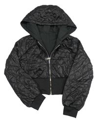 Černý prošívaný šusťákový lehce zateplený crop bomber s kapucí SHEIN