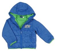 Modrá prošívaná šusťáková zateplená bunda s nápisy a kapucí lupilu