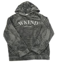 Tmavošedá plyšová mikina s nápisy a kapucí - kočička H&M