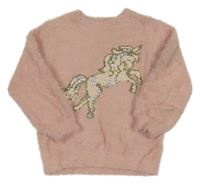 Světlerůžový chlupatý svetr s jednorožcem z flitrů F&F