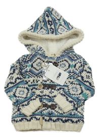 Nové - smetanovo-modro-modrozelený vzorovaný propínací zateplený svetr s kapucí Sfera