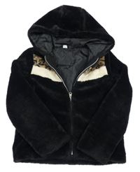 Černo-smetanovo-hnědá kožešinová podšitá bunda se vzorem a kapucí ZEEMAN