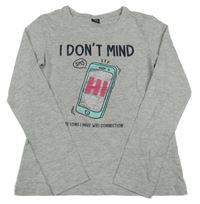 Šedé melírované triko s mobilem a nápisy Y.F.K.