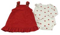 2Set - Červené manšestrové šaty s volánkem + bílé žebrované body se srdíčky a volánky