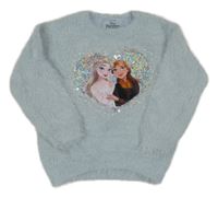 Světlemodrý chlupatý svetr se srdíčkem z flitrů s Frozen a třpytkami C&A
