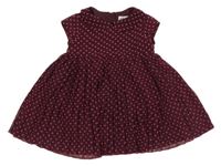 Tmavovínovo-růžové puntíkaté plisované šifonové šaty s límečkem H&M