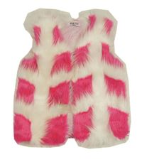 Bílo-tmavorůžová kostkovaná kožešinová podšitá vesta