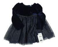 Nové - Tmavomodré sametovo/tylové šaty s puntíky Dunnes