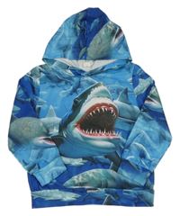 Modrá mikina se žraloky a kapucí Shein