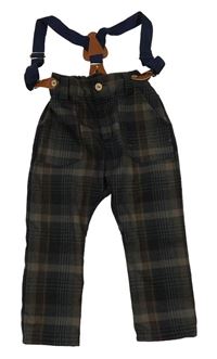 Hnědo-khaki-černé kostkované kalhoty s kšandami