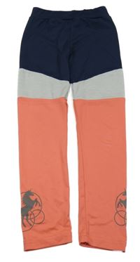 Tmavomodro-korálovo-šedé sportovní legíny s jednorožci Topolino