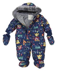 Tmavomodrá šusťáková zimní kombinéza s auty a kapucí + rukavice George