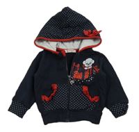 Tmavomodrá propínací mikina s pejskem a puntíkatou kapucí 