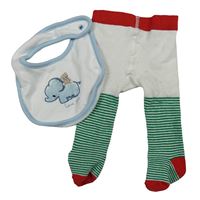 2 set - bílo-modrý bryndák se slonem + bílo-zeleno-červené pruhované punčocháče 