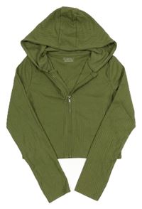 Khaki žebrovaná lehká crop propínací mikina s kapucí Primark