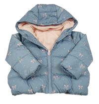 Šedomodrá šusťáková zimní bunda s mašličkami a kapucí dunnes