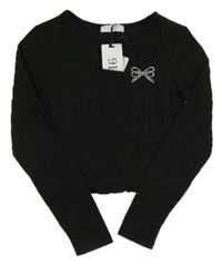 Nové - černé crop úpletové triko s mašličkou z kamínků New Look