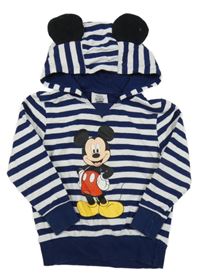 Bílo-tmavomodrá pruhovaná mikina s Mickeym a kapucí 