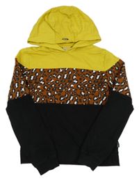 Žluto-hnědo-černá mikina s leopardím vzorem a kapucí 
