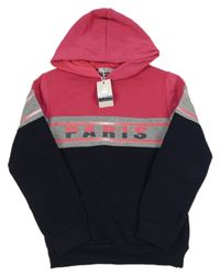 Nové - Růžovo-šedo-tmavomodrá mikina s nápisem a kapucí 