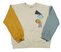 Smetanovo-modro-hořčicová mikina s tvary a nápisy H&M