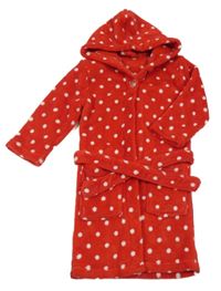 Červeno-bílý puntíkatý plyšový župan s kapucí 
