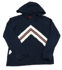 Tmavomodro-bílo-korálová mikina s pruhem a kapucí 